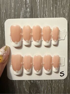 Classic Nude Press-On Nails with White Tips and Pearls